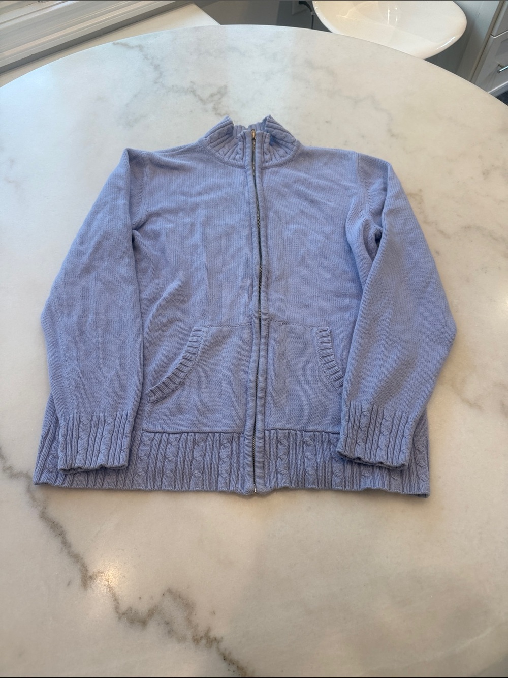 NWOT Karen Scott Pastel Lavender Zip-Up Cardigan cable knit trim